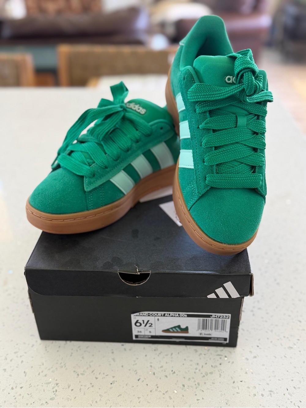 adidas Green Suede Sneakers with aqua colored Stripes and Gum Sole